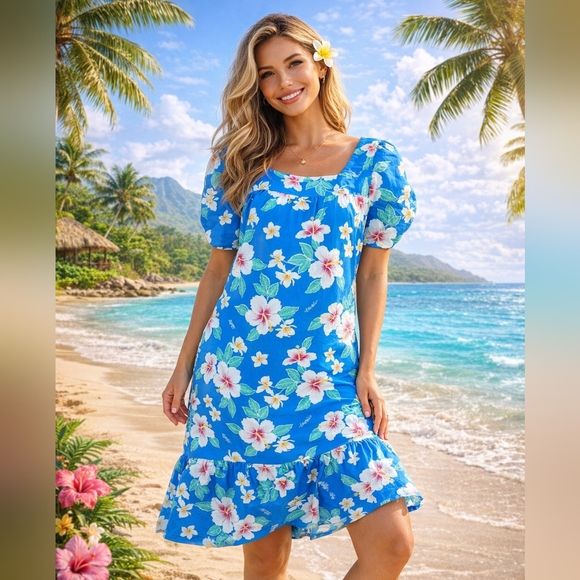 kalena fashions of Hawaii Dresses & Skirts - Vintage Hawaiian Blue Hibiscus Floral Puff Sleeve Ruffle Hem Dress XL